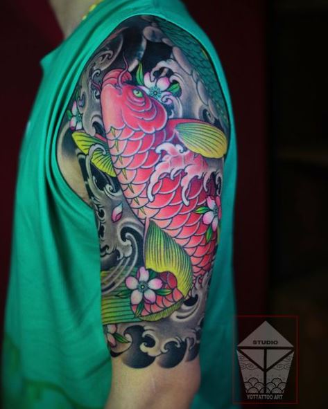 Colorful Flowers and Koi Fish Arm Sleeve Tattoo