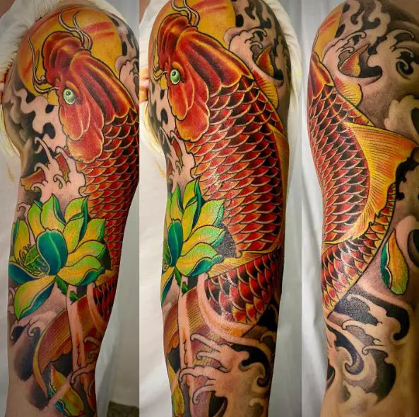 Green Flower and Red Koi Fish Arm Sleeve Tattoo