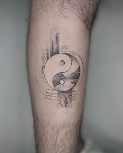 Mountain Landscape and Yin Yang Tattoo