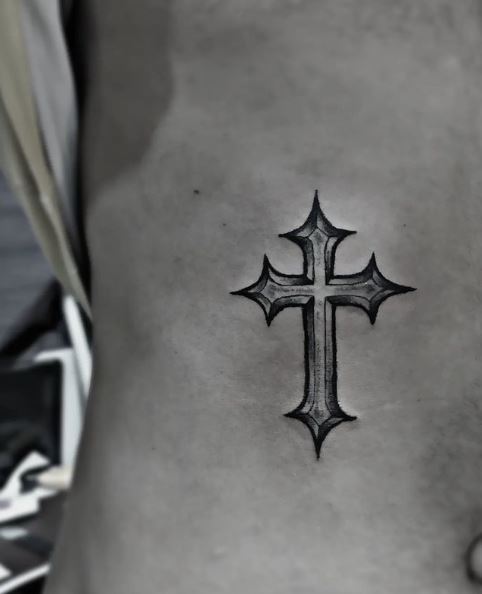 Black and Grey Cross Ribs Tattoo