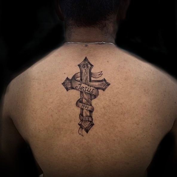 Black and Grey Cross Spine Tattoo