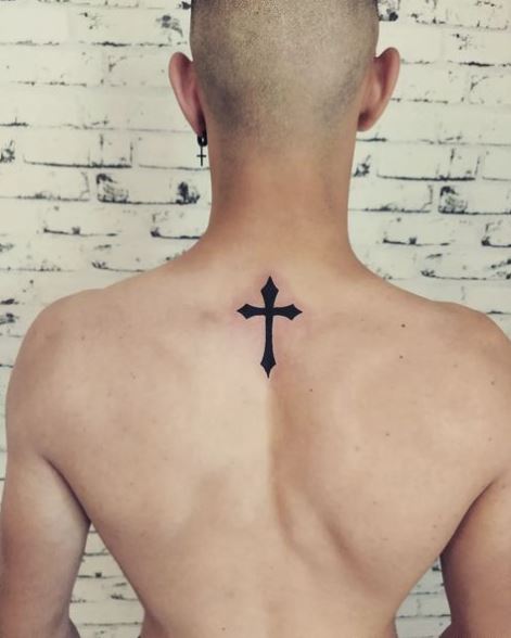 Black Cross Upper Back Tattoo