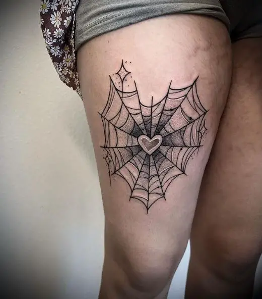 Shaded Spider Web with Heart Thigh Tattoo