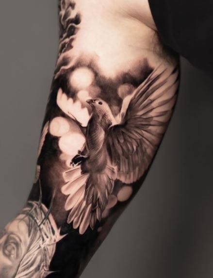 Black and Grey Dove Biceps Tattoo