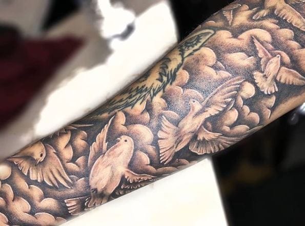 Grey Clouds and Doves Arm Sleeve Tattoo