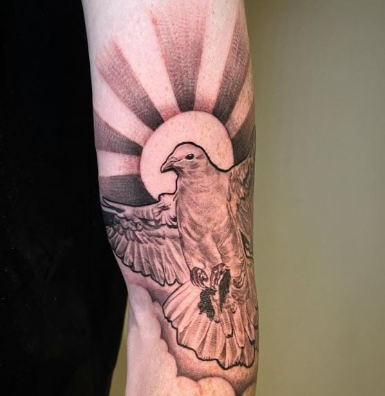 Sun and Dove Arm Tattoo