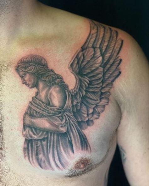 Grey Shaded Angel Chest Tattoo