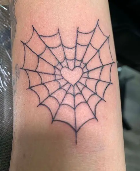 Thin Line Spider Web and Heart Tattoo
