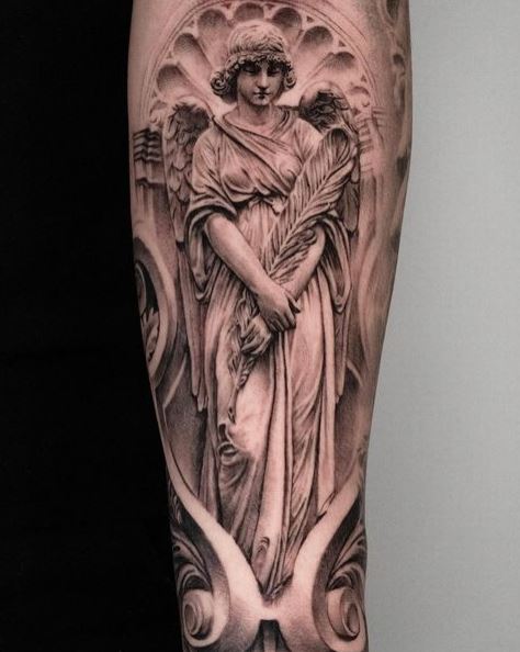 Angel Statue Arm Sleeve Tattoo