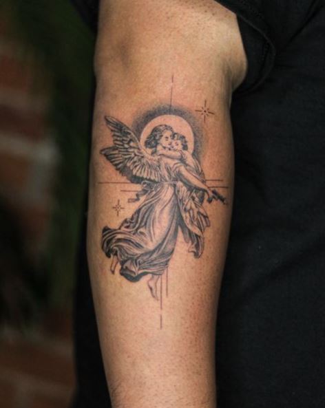 Grey Sun and Angel Biceps Tattoo