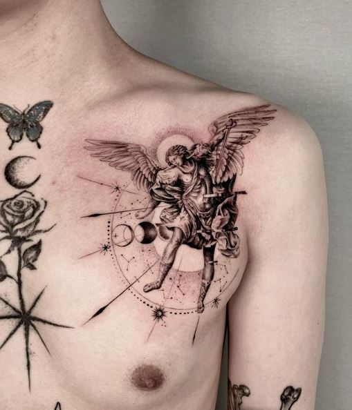 Black and Grey Angel Chest Tattoo