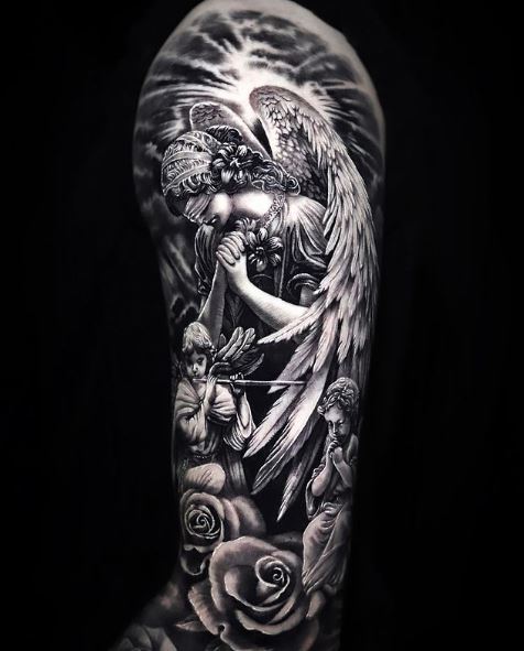 Roses and Angels Arm Sleeve Tattoo