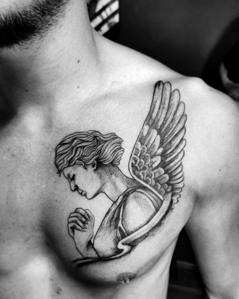 Grey Shaded Angel Chest Tattoo