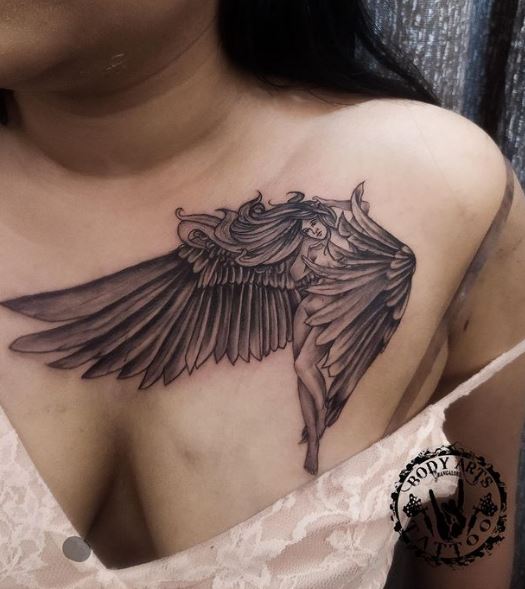 Angel with Big Wings Chest Tattoo