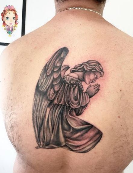 Grey Shaded Praying Angel Back Tattoo