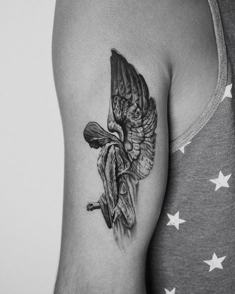 Black and Grey Angel Biceps Tattoo