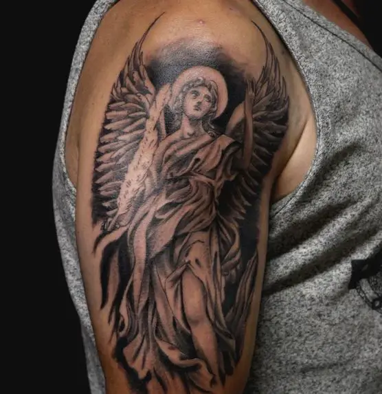 Black and Grey Angel with Halo Arm Tattoo