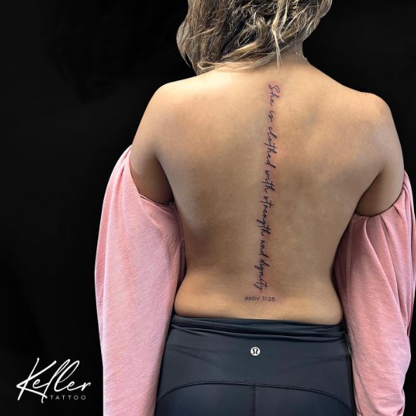 Proverb 31:25 Bible Verse Spine Tattoo