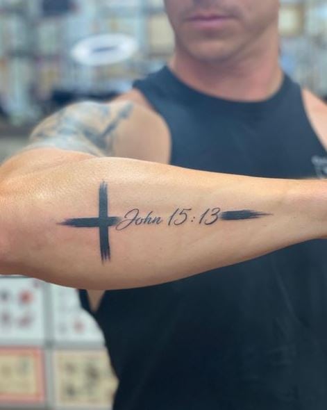 Cross and John 15:13 Bible Verse Forearm Tattoo