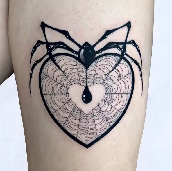 Spider on Heart Shaped Spider Web Tattoo
