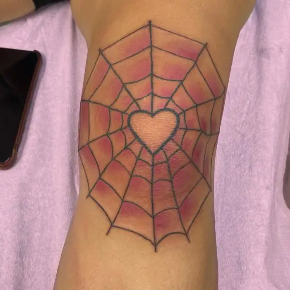 Heart Shaped Spider Web Knee Tattoo