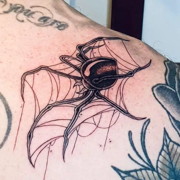 Black Spider on Spider Web Shoulder Tattoo