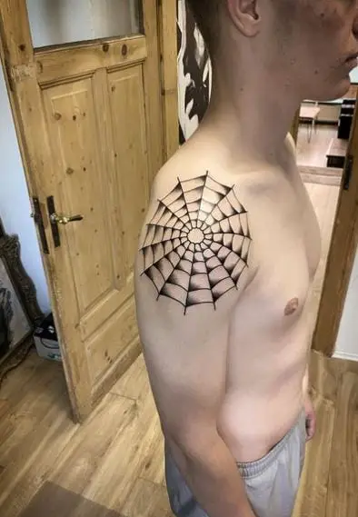 Rounded Black Spider Web Shoulder Tattoo