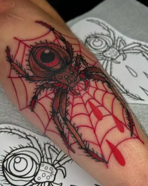 Bloody Tarantula and Spider Web Forearm Tattoo