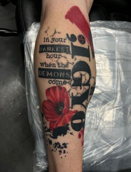 Message with Flower and Semi Colon IGY6 Leg Tattoo