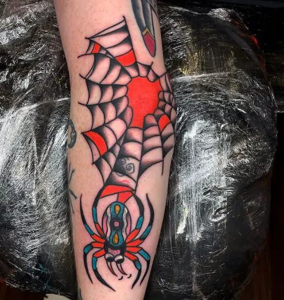 Colorful Spider and Spider Web Arm Tattoo
