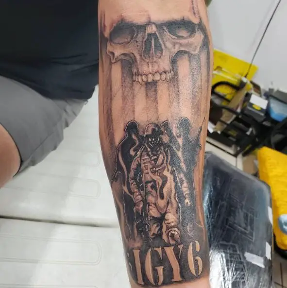 Skull over Soldier and IGY6 Forearm Tattoo