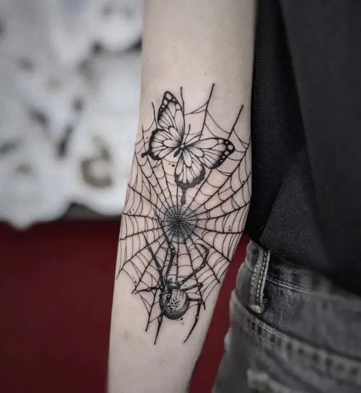 Spider and Butterfly on Spider Web Arm Tattoo