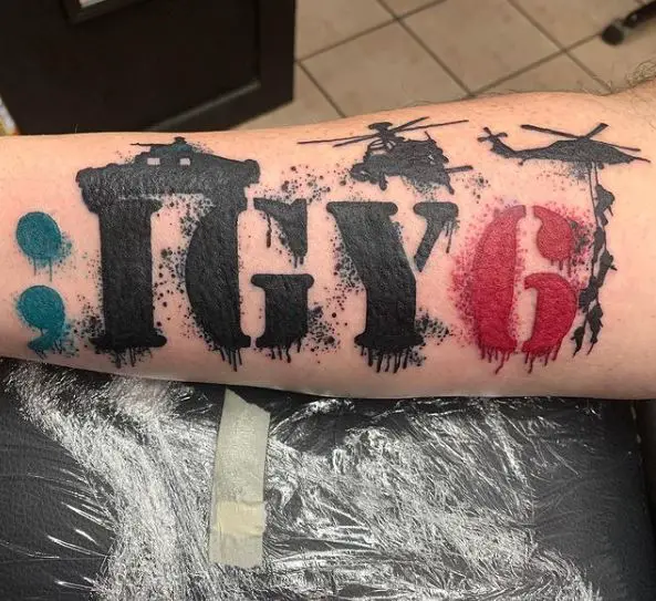 Helicopters and IGY6 Forearm Tattoo