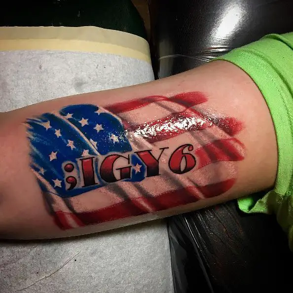 Colored USA Flag and IGY6 Arm Tattoo