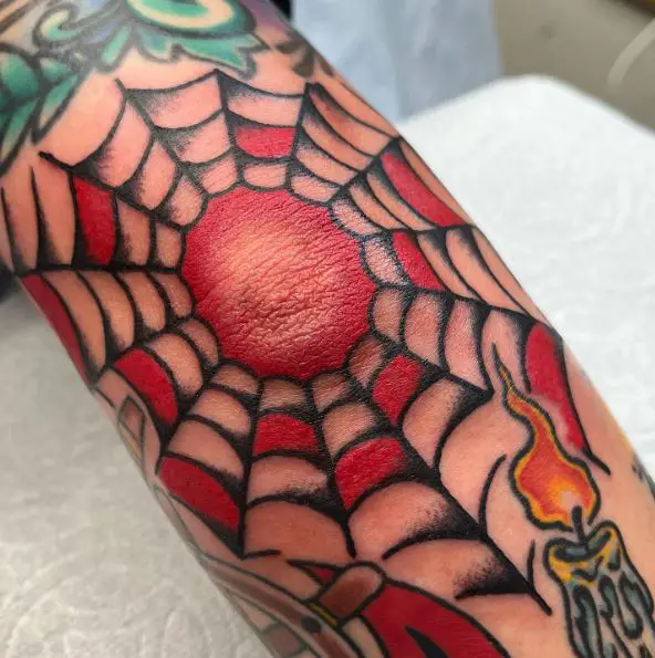 Black and Red Spider Web Elbow Tattoo