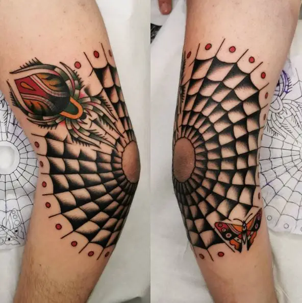 Spider and Butterfly on Spider Web Elbow Tattoo