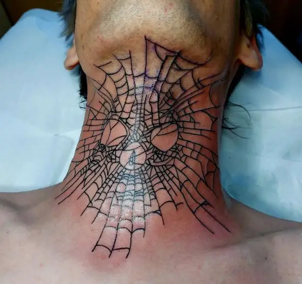 Black Spider Web Throat Tattoo