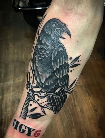 Crow on Tree and IGY6 Forearm Tattoo