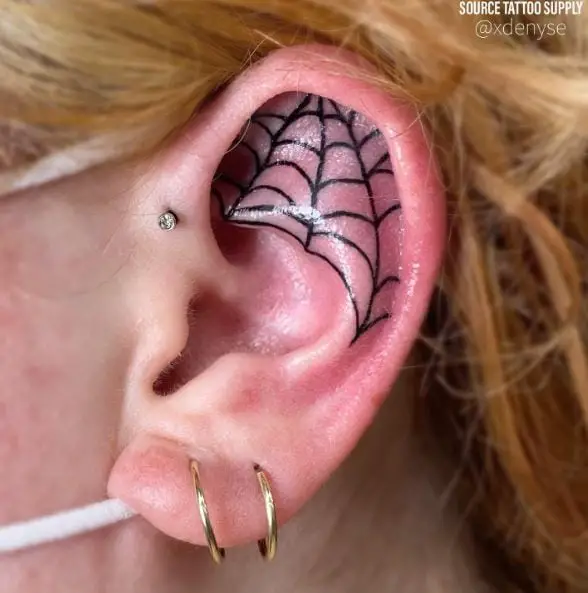 Black Spider Web Ear Tattoo