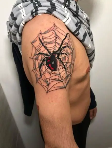Black Widow and Spider Web Shoulder Tattoo