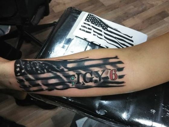 Grey USA Flag and IGY6 22 Tattoo