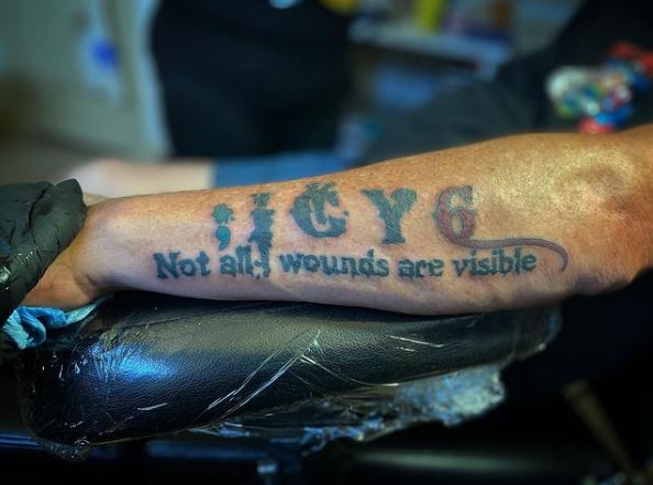 Grey Message and IGY6 Arm Tattoo