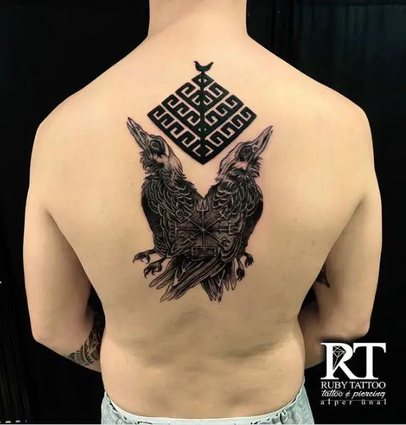 Adjoined Raven Birds and Viking Compass Back Tattoo