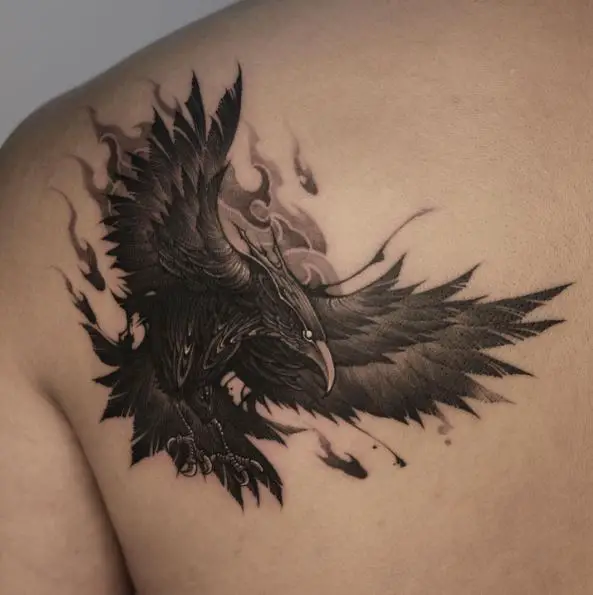 Angry Raven Back Tattoo