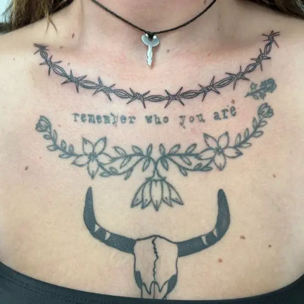 Barbed Wire, Festoon and a Skull Neck Tattoo
