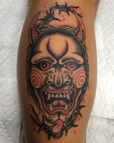 Barbed Wire with Hanya Mask Tattoo Design
