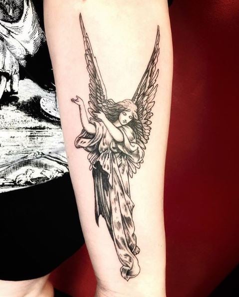 Black and Grey Angel Arm Tattoo