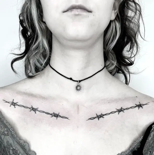 Black Barbed Wire Collar Bone Tattoo