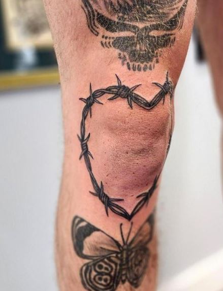 Black Barbed Wire Tattoo Around The Knee
