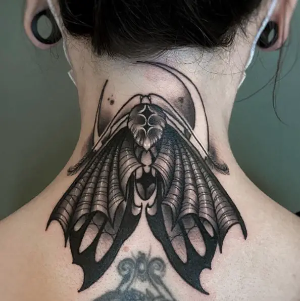 Black Bat Moth Neck Tattoo